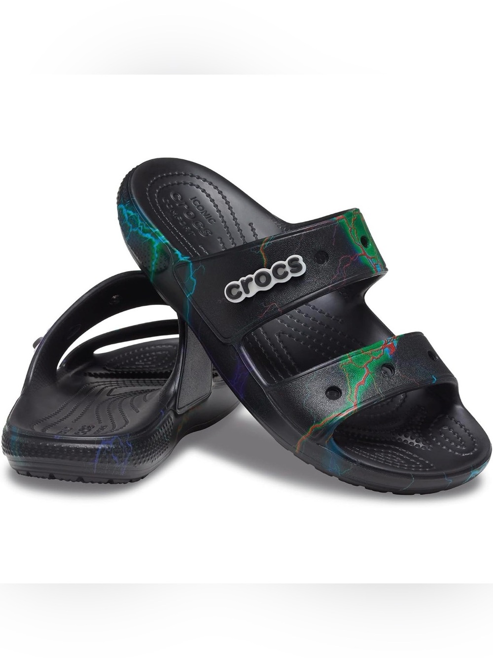 CROCS Black Slide Sandals with Multicolor Lightning Accents